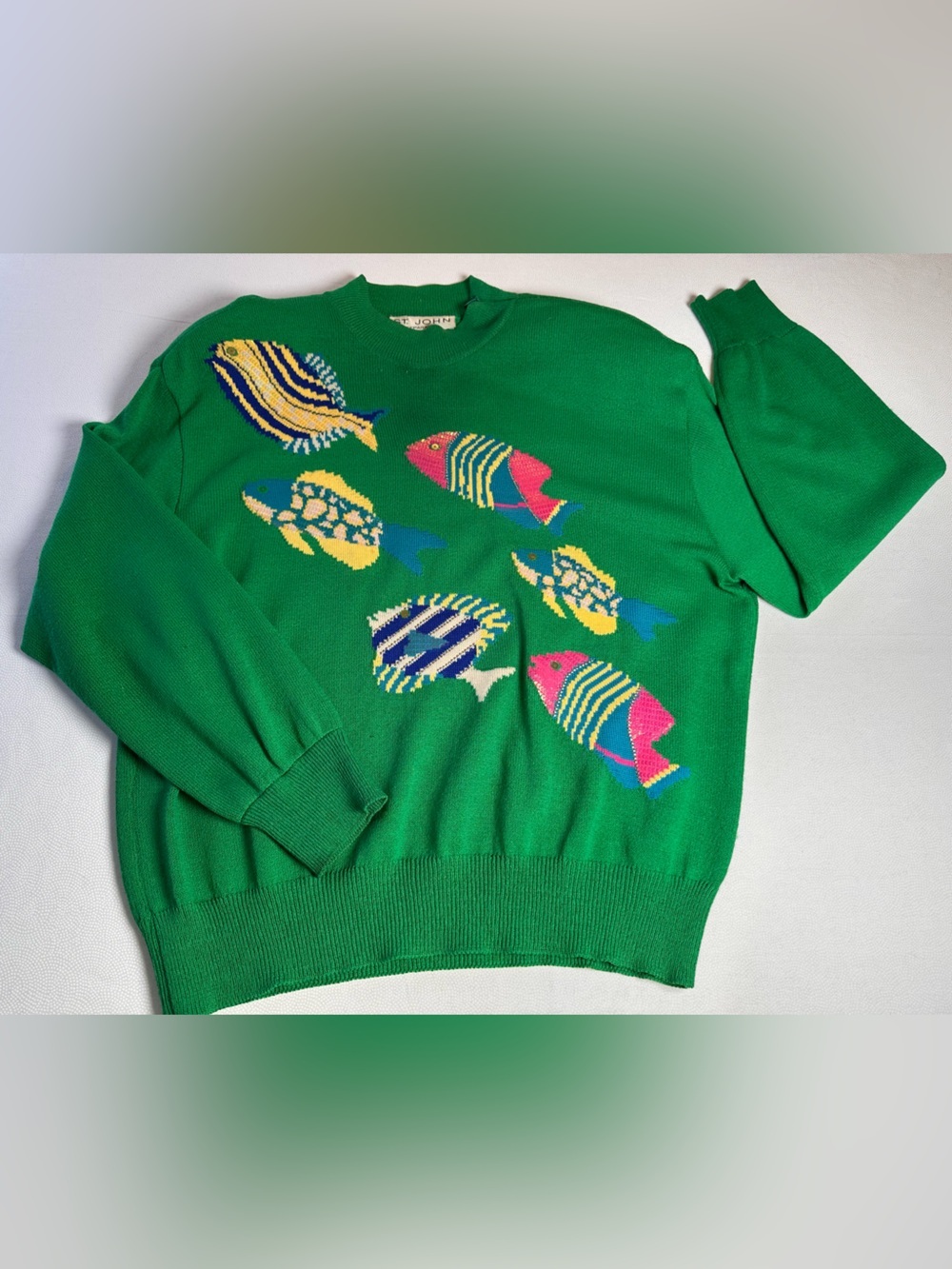 Vintage 80’s St John Fish Sweater Womens Size 3 Green Tropical Knit USA - Picture 6 of 11